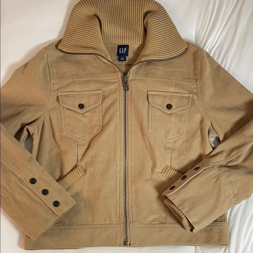 GAP Tan Structured Flannel Zip Up with Ribbed Collar and Cuffs
